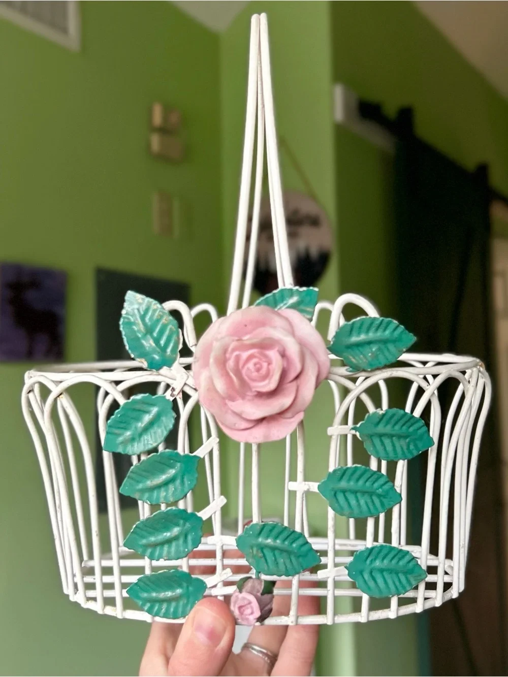 Vintage White Metal Basket With Pink and Green Floral Front